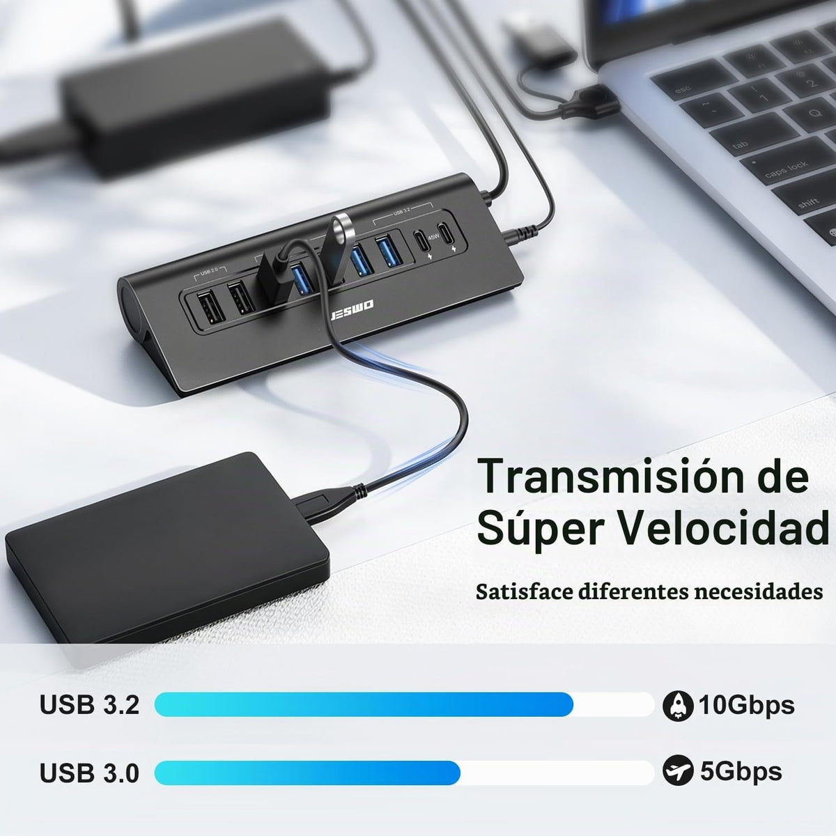 JESWO, hub USB de 9 puertos, alimentado, adaptador 20V/3.25A