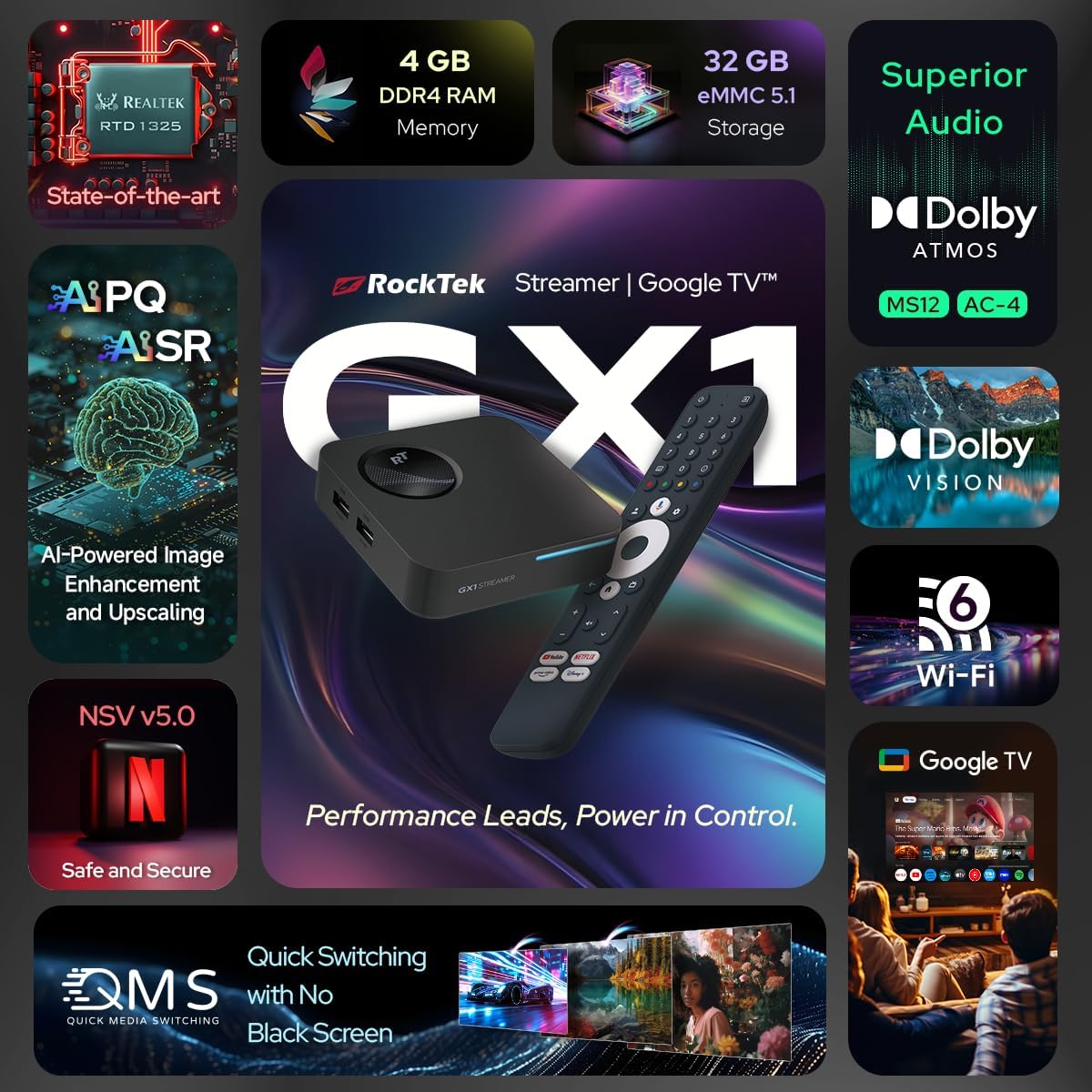 RockTek GX1 4K Reproductor de transmisión de Google TV, Dolby Vision y Atmos, Wi-Fi 6 (renovado)