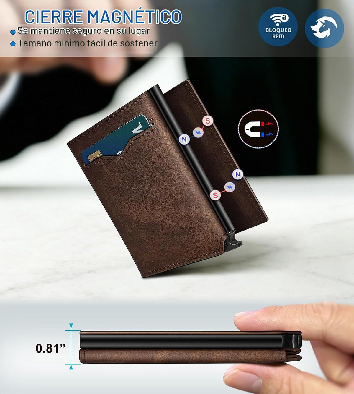 Cartera para hombre, tarjetero desplegable delgado con bloqueo RFID, billetera triple minimalista con 10 ranuras para tarjetas, bolsillo para efectivo y 2 ventanas para identificación, funda