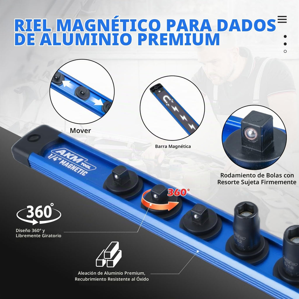 Juego de 1/4 de pulgada de dados magnéticos de impacto, 11 piezas SAE, 7/32"-9/16", 6 puntos, Cr-Mo, eje cuadrado, vasos magnéticos con adaptador, riel