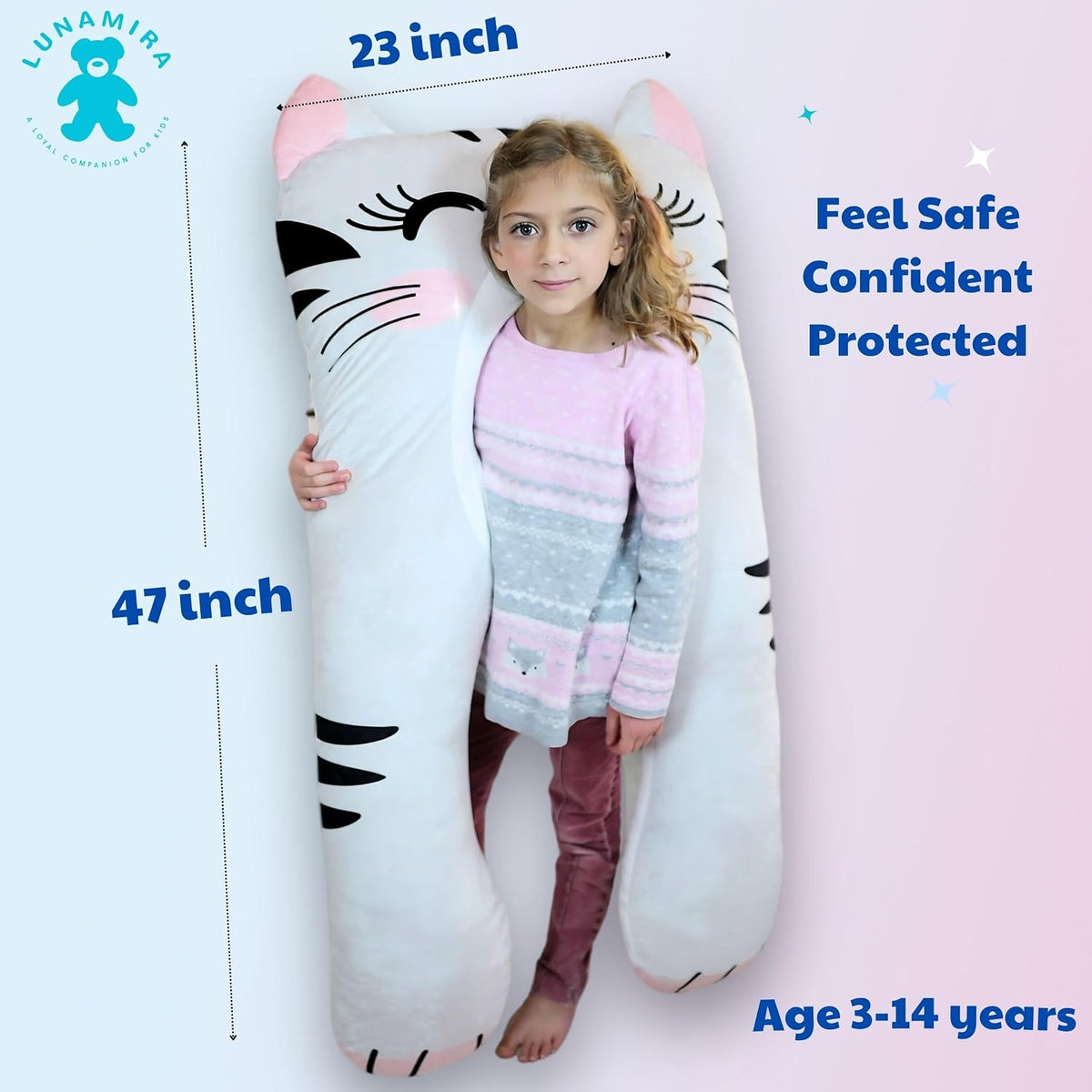 Almohada corporal de gato para niños, almohada de 47 pulgadas en forma de U para niños, dormir, leer, TDAH y necesidades especiales, comodidad, ansiedad, funda lavable, regalo divertido para acurrucarse para niños y niñas