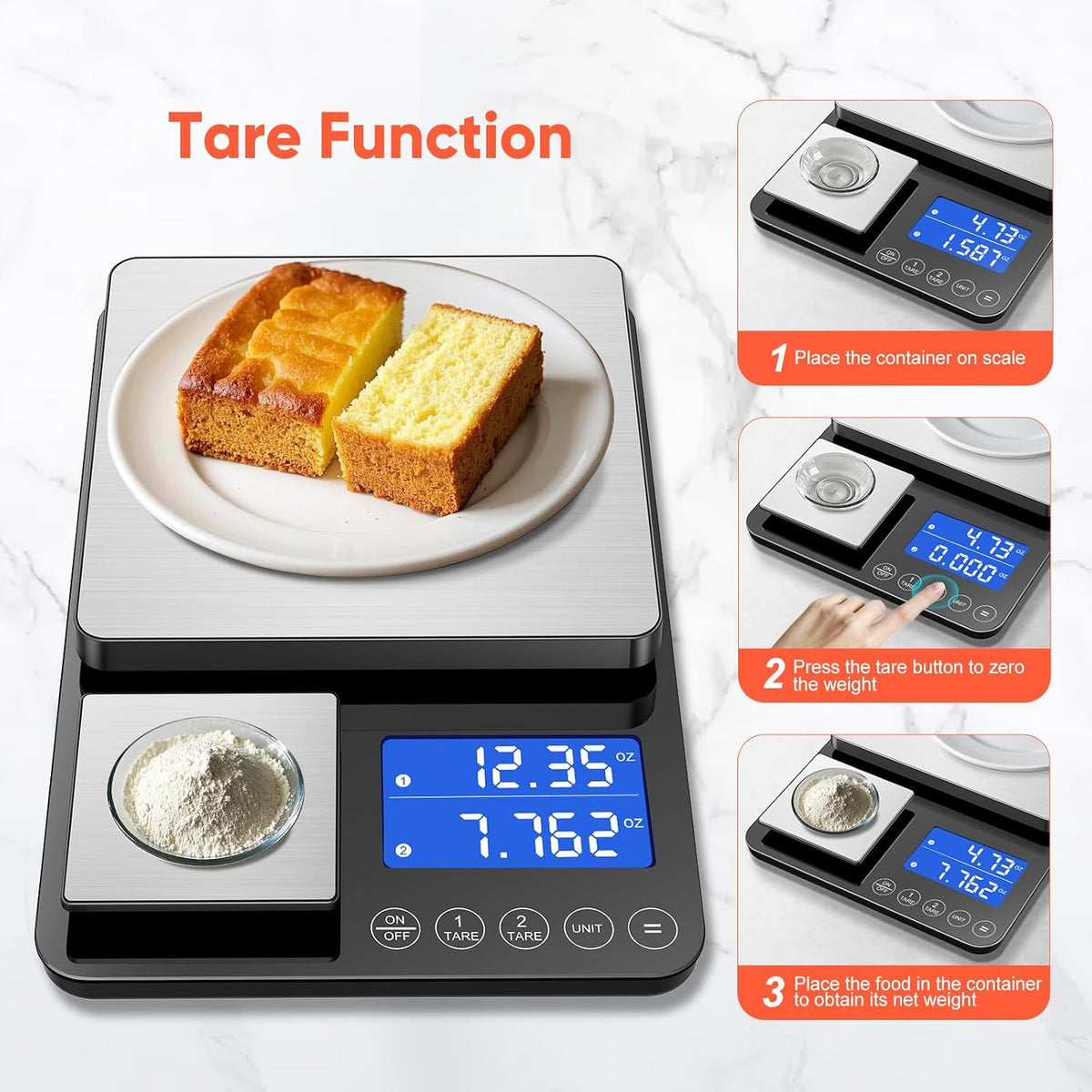 Báscula digital de cocina de doble plataforma, 33 libras/15kg y precisión de 0.001 onzas/0.0004 oz, dos escalas en una, báscula de café y alimentos, pantalla doble, acero inoxidable, tara, g/oz