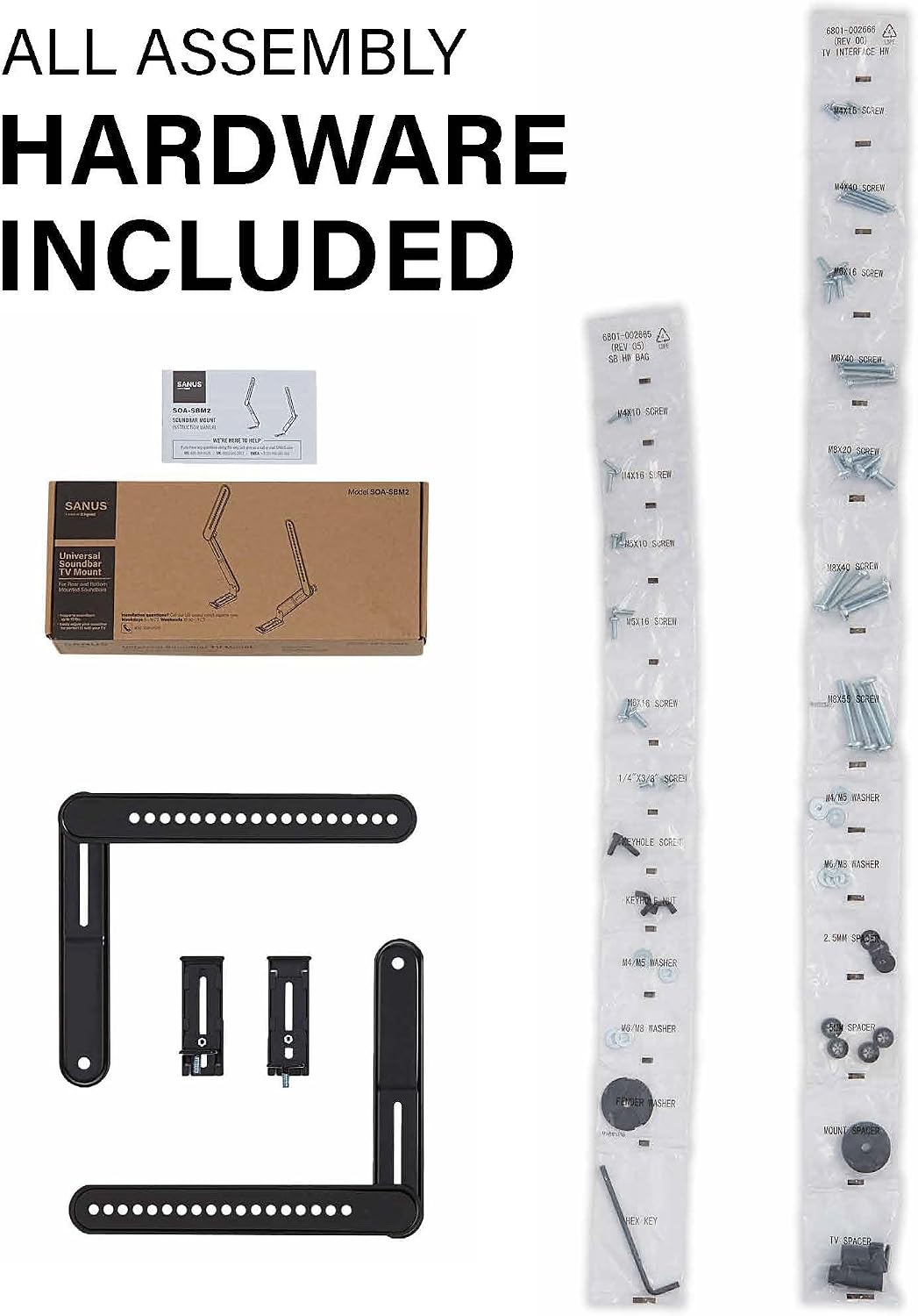 SANUS Kit de montaje universal para barra de sonido de TV para montar barras de sonido debajo del televisor - Se adapta a la mayoría de las barras de sonido de hasta 15 libras - Fácil instalación y