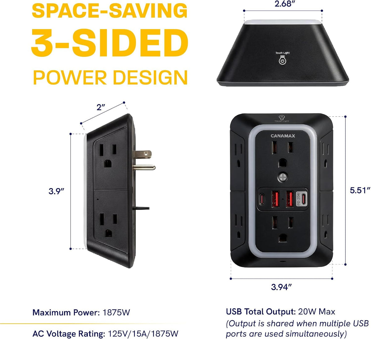 Extensor de toma de pared de enchufe múltiple negro - 6 salidas 4 puertos