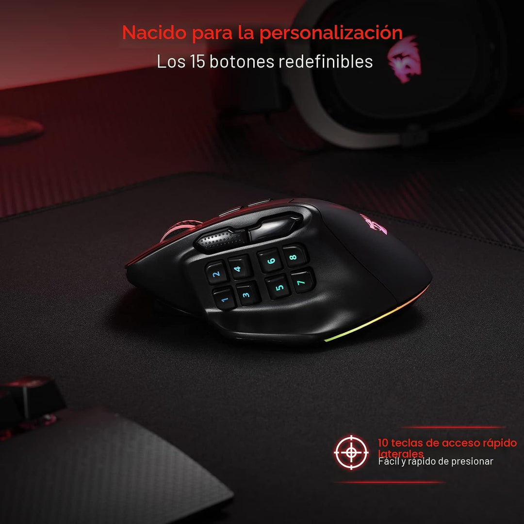 Redragon M811 PRO Mouse para juegos MMO inalámbrico, 15 botones pro...
