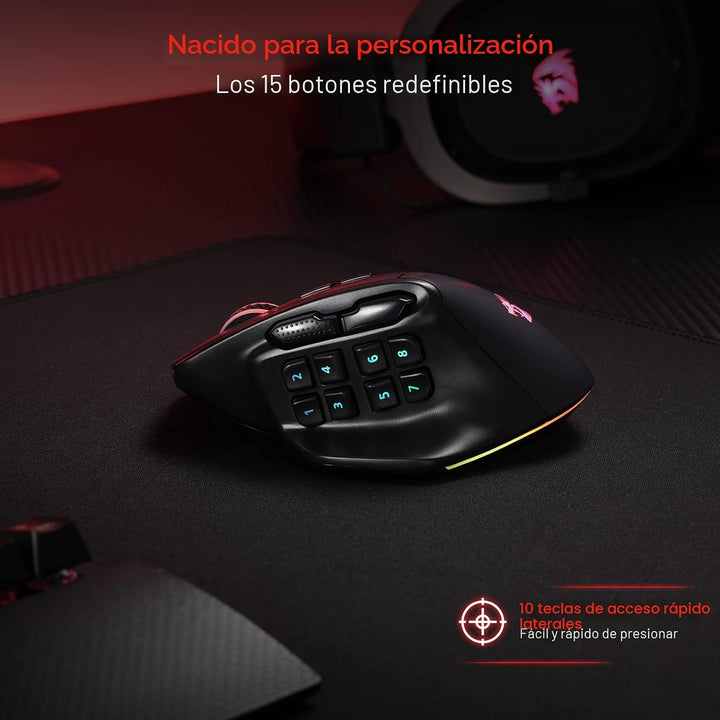 Redragon M811 PRO Mouse para juegos MMO inalámbrico, 15 botones pro...