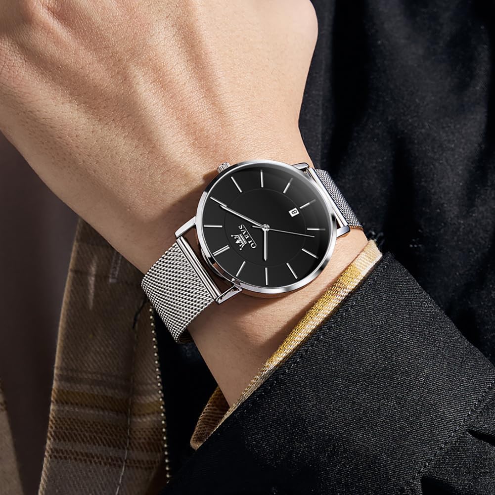 OLEVS Relojes de Hombre de Cuero Negro Ultrafinos 6.5 mm Minimalista Vestir Simple Moda Casual Resistente al Agua con Fecha