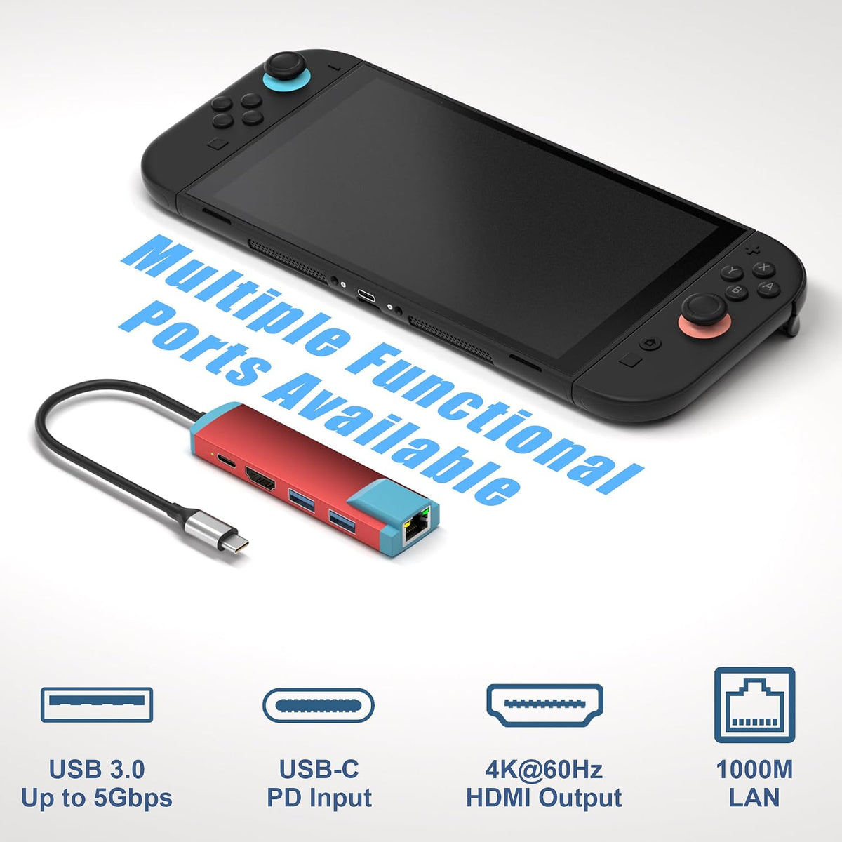 Conmutador USB-C 2, adaptador HDMI 4K @60Hz con puerto PD/USB 3.0/Gigabit Ethernet, base de repuesto para Switch/Switch OLED/Steam Deck/ROG Ally/Xbox Ally/Legion Go