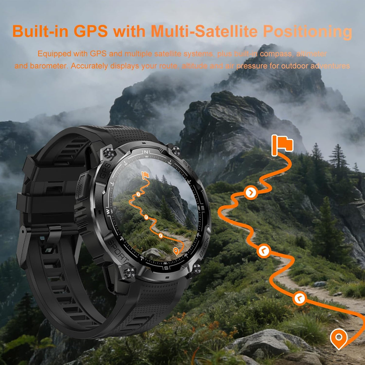 Reloj inteligente militar resistente para hombre con GPS, reloj AMOLED de seguimiento de fitness de 1.43 pulgadas con llamada Bluetooth, linterna/brújula, más de 170 modos deportivos, impermeable, reloj inteligente para hombre para Android iPhone
