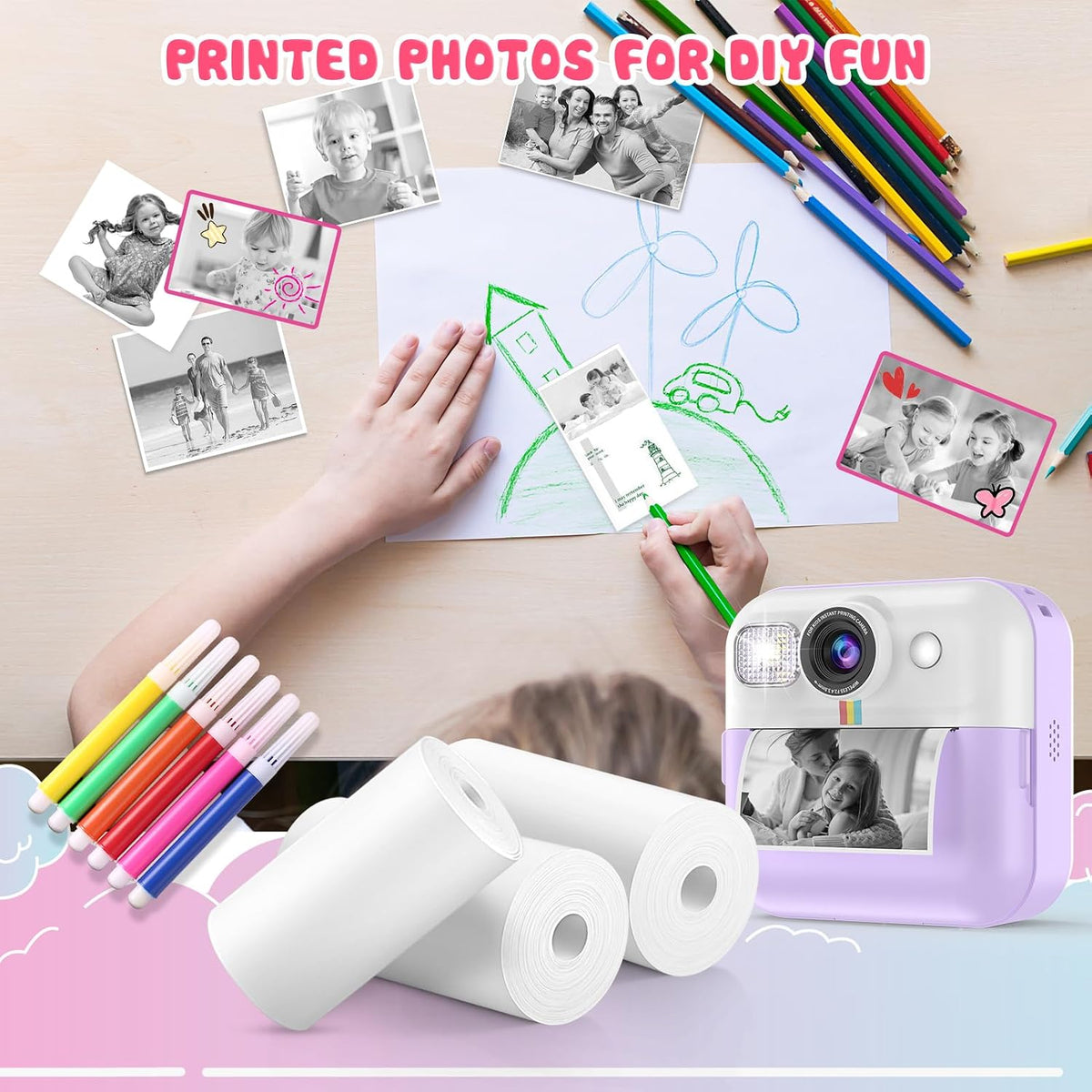 1 impresión instantánea para cámara para niños, 1 y 6 rollos de papel de impresión