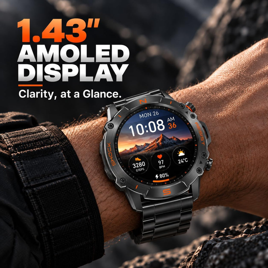 WalkerFit Smartwatch Robusto para Hombre, 1.43" AMOLED, 5ATM a prueba de agua, 2 correas