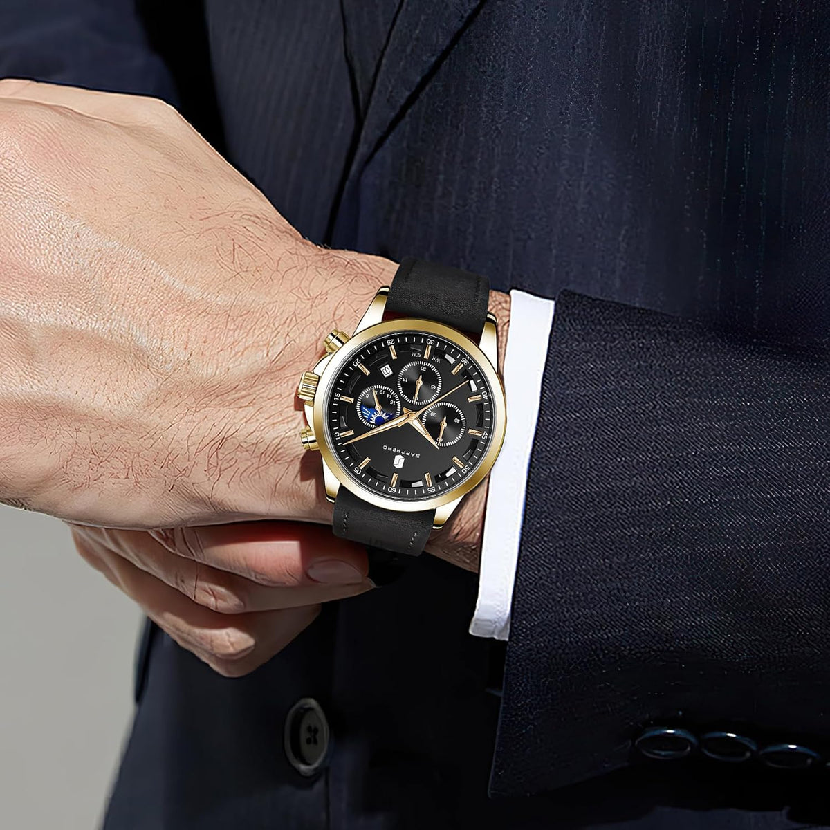 SAPPHERO Relojes cronógrafos para hombre, reloj analógico de acero inoxidable casual original para negocios, 50M, impermeable, luminoso, con esfera de fecha, regalo para hombre
