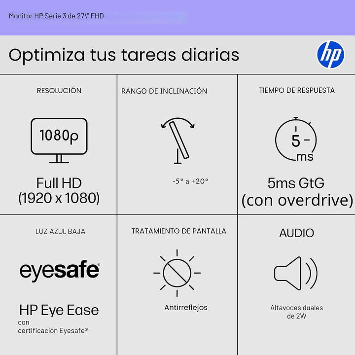 Monitor HP Serie 3 de 27 pulgadas FHD, pantalla Full HD (1920 x 108...