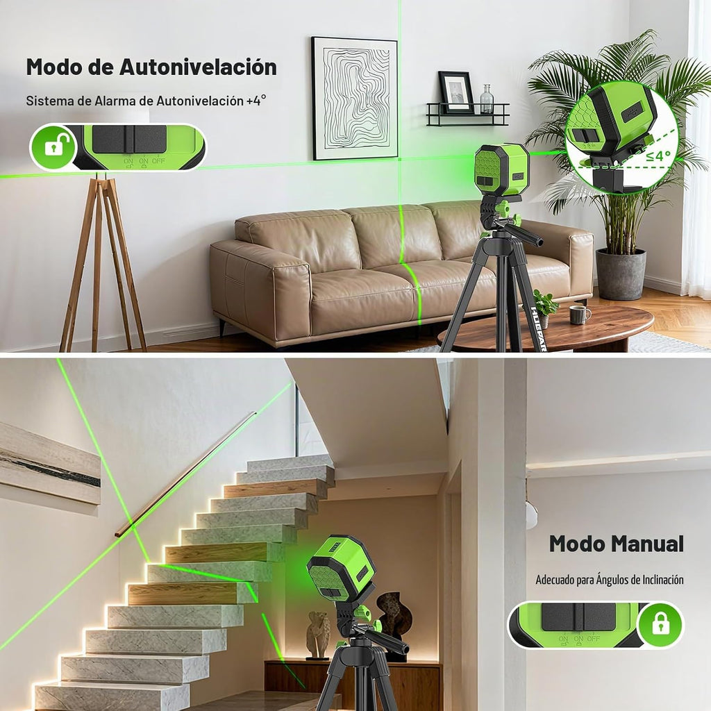 Huepar - Nivel láser con trípode de 60 pulgadas, 100 pies, autonivelante, nivel láser, recargable, línea cruzada, verde, herramienta para colgar imágenes, azulejos, renovación del hogar, bolsa de