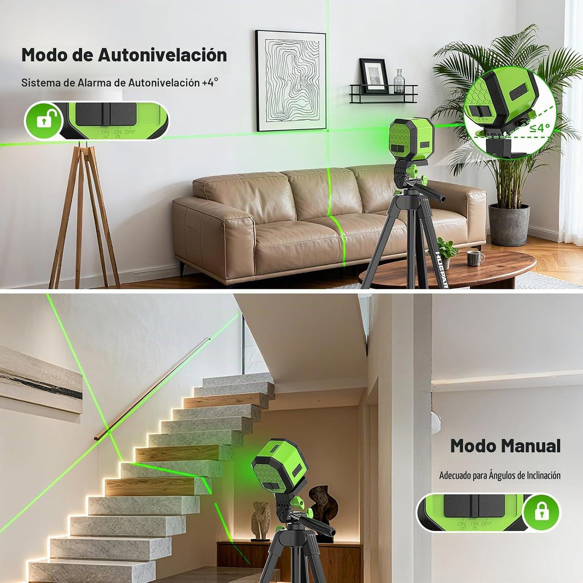 Huepar - Nivel láser con trípode de 60 pulgadas, 100 pies, autonivelante, nivel láser, recargable, línea cruzada, verde, herramienta para colgar imágenes, azulejos, renovación del hogar, bolsa de