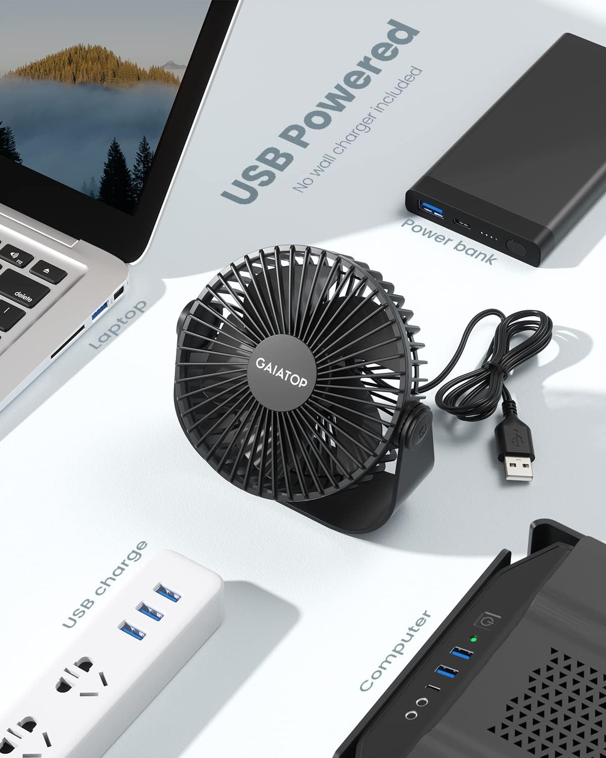 Gaiatop Ventilador de escritorio USB, flujo de aire fuerte de 3 vel...