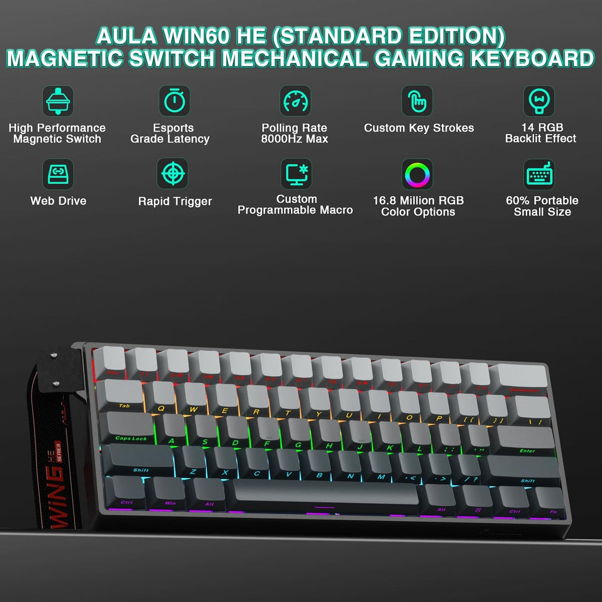 Aula WIN60 HE - 60% Teclado mecánico para juegos con cable, interru...