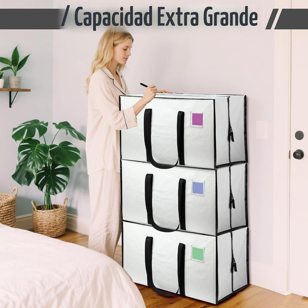 Paquete de 6 bolsas de mudanza resistentes de 210 GSM con cremallera lateral totalmente abierta, 93 L y 65 libras, impermeables, plegables para dormitorio universitario, alternativas de cajas de mudanza y organización del hogar, color blanco