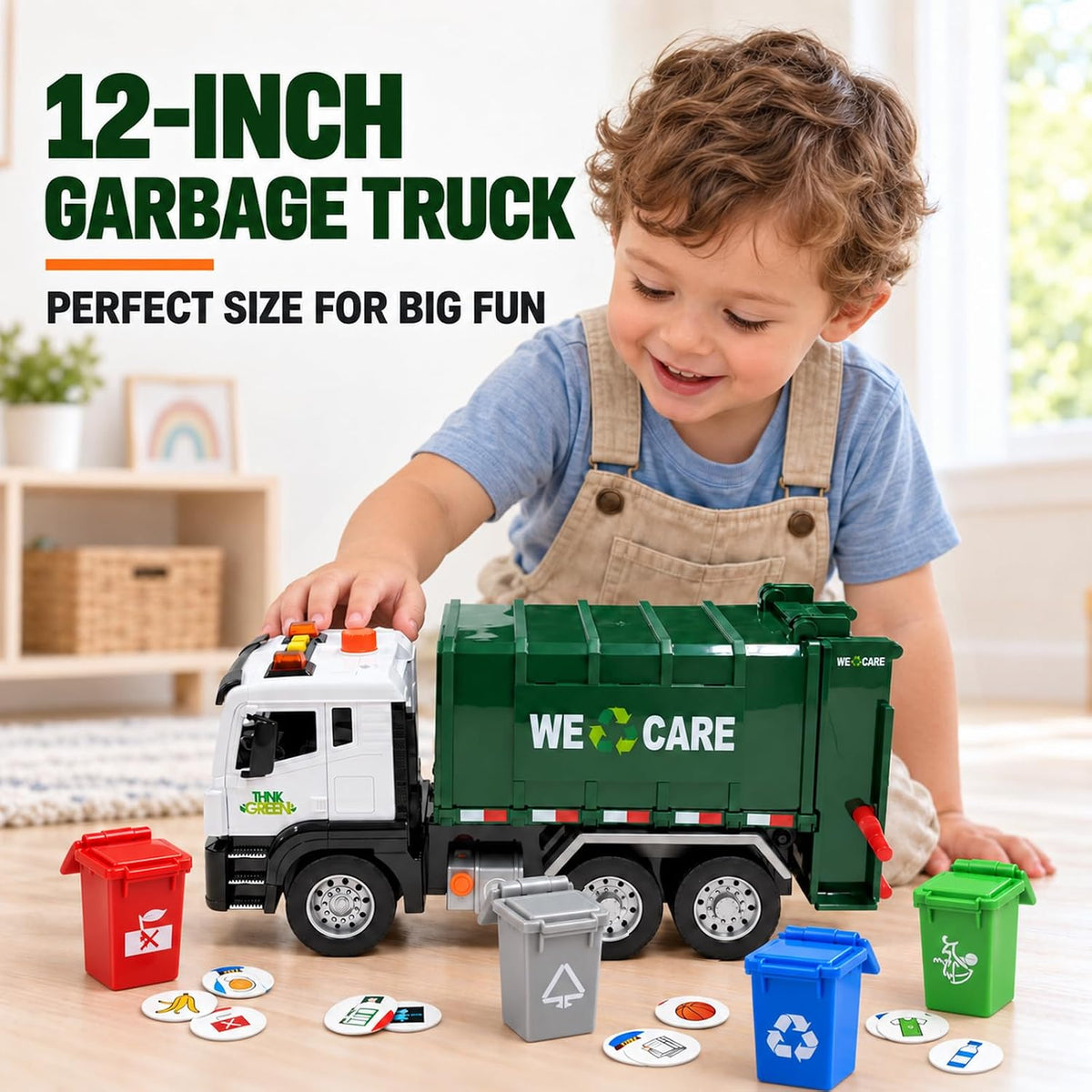12" Camión de Basura For Kids de 3 a 8 Años, Vehículo de Gran Camión de Basura