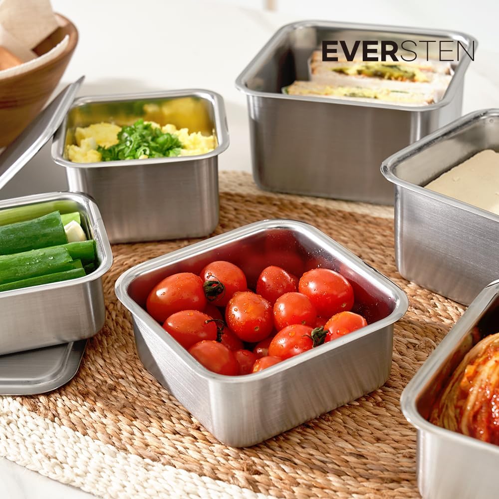 CuBE High 3Pcs Set de Contenedores de Acero Inoxidable para Alimentos con Tapa y 3 Accesorios de Cocina en Red Premium de Corea del Sur, Apto para Lavavajillas