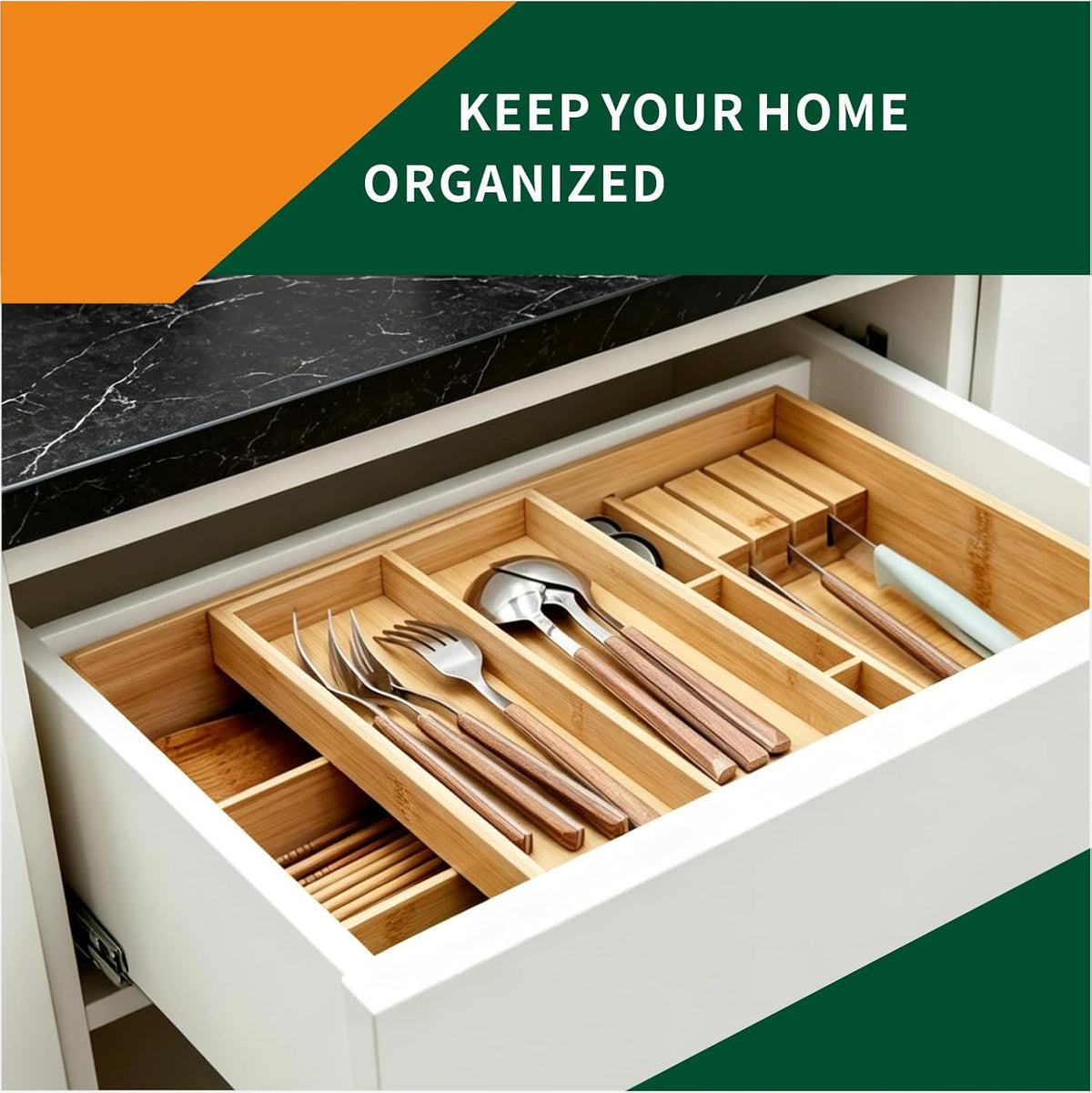 Organizador de cajones de cocina de bambú, 6 compartimentos anchos