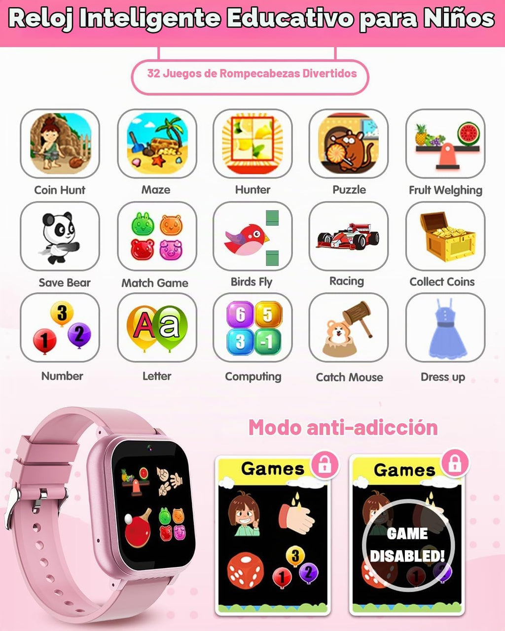 Reloj inteligente impermeable para niños, juguetes para niñas de 6 a 8 años con 32 juegos de cámara dual
