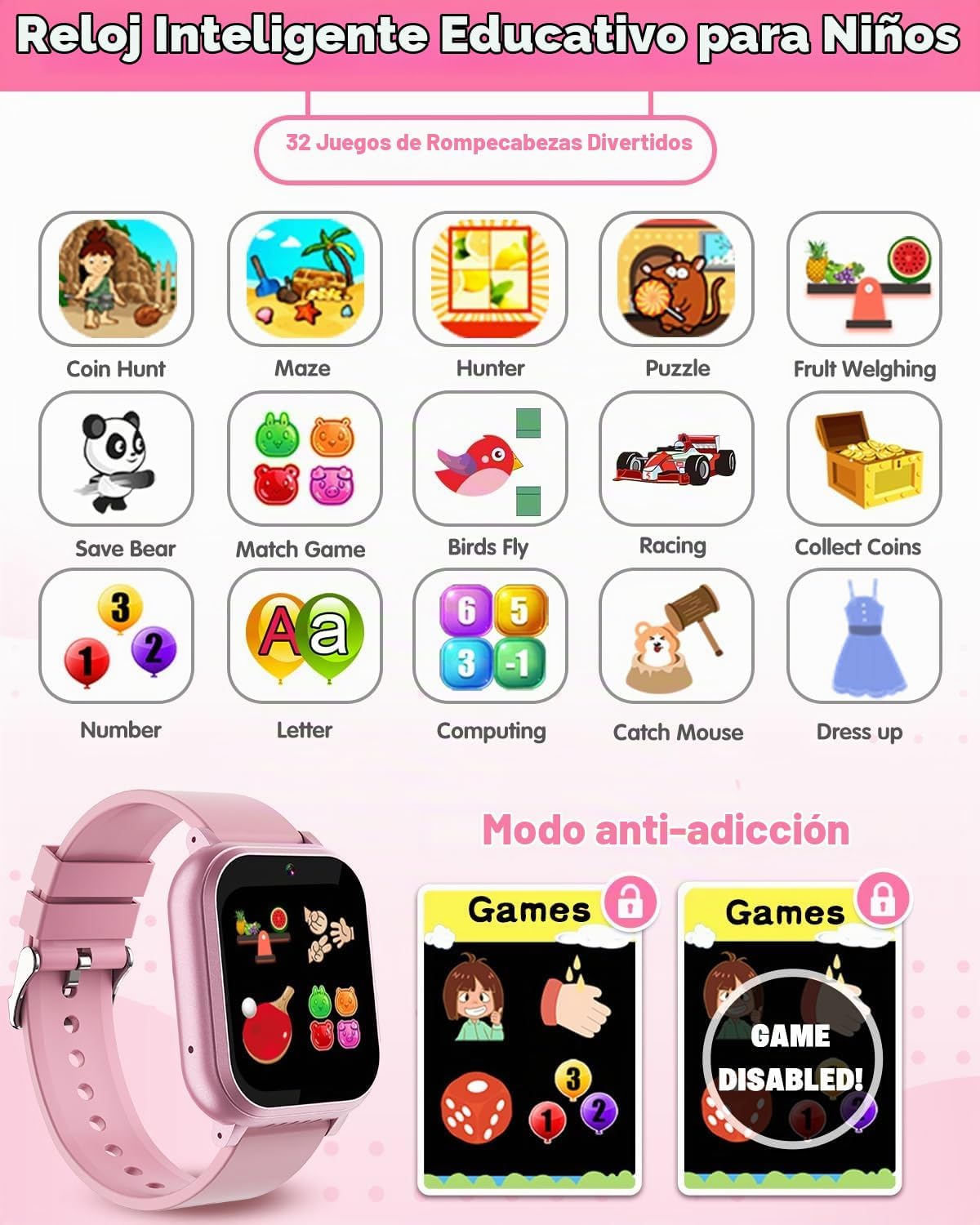 Reloj inteligente impermeable para niños, juguetes para niñas de 6 a 8 años con 32 juegos de cámara dual