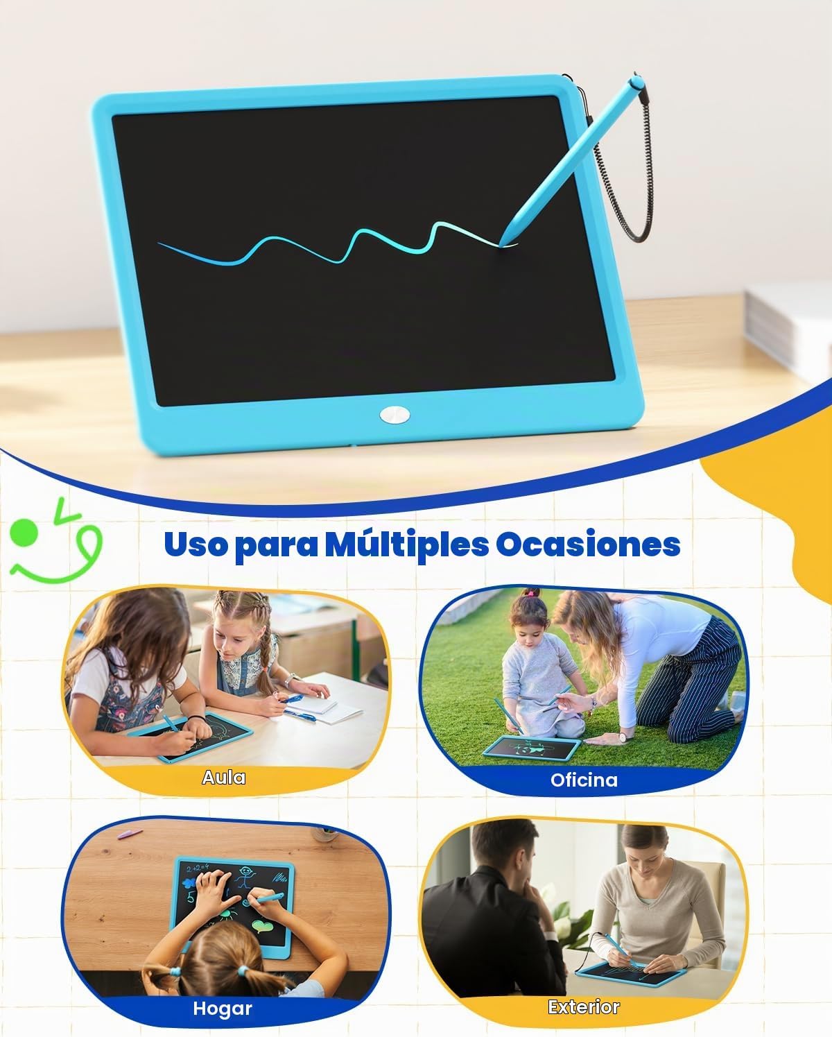 Tableta de escritura LCD de 12 pulgadas, tablero de dibujo colorido, tablero de garabatos, almohadilla de escritura borrable y reutilizable, educativa para niñas y niños de 3 a 8 años (azul)