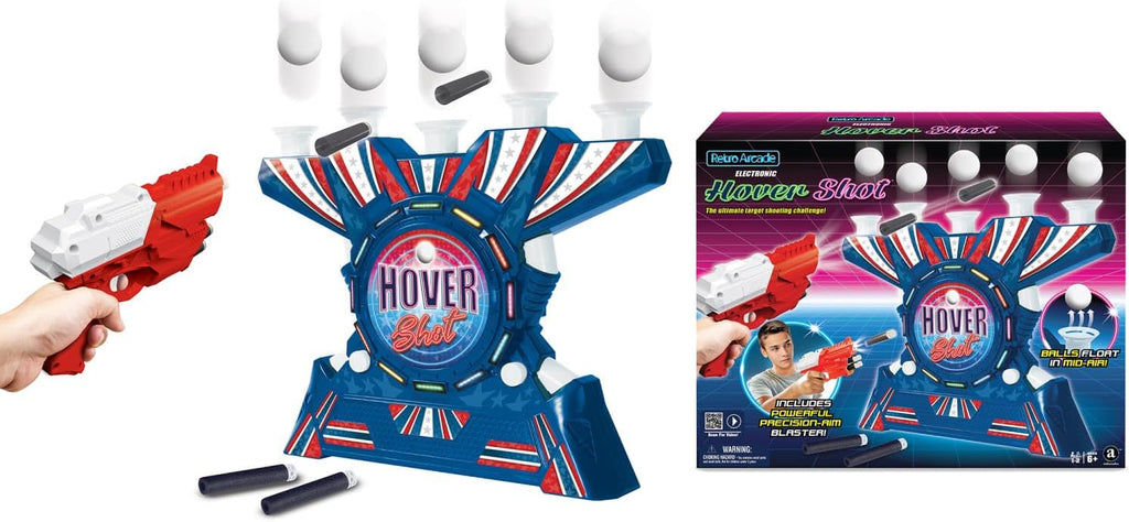 Ambassador Games: Retro Arcade - Disparo electrónico de hover - Juego de disparo de mesa con luz y sonido, lanzador, bolas flotantes de aire, adultos y niños a partir de 6 años