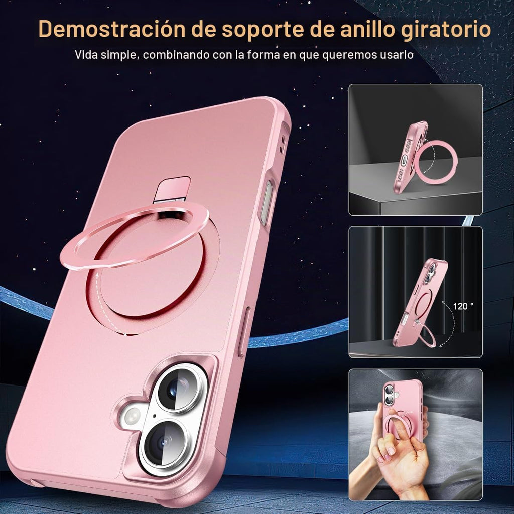 SKYLMW Compatible con iPhone 16 Funda con Soporte Magnético Invisible de Anillo O Funda de Grado Militar para iPhone 16 6.1" [Compatible con Mag-Safe][Gran Sensación de Agarre], Oro Rosa