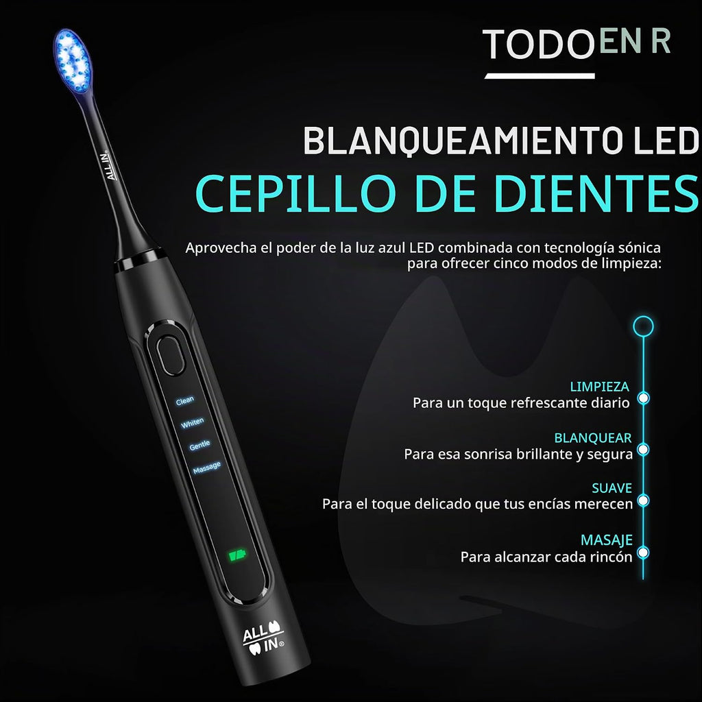 ALL IN - Cepillo de dientes eléctrico sónico LED para adultos, luz LED azul + roja, 4 modos, cerdas suaves, temporizador de 2 minutos, sin BPA