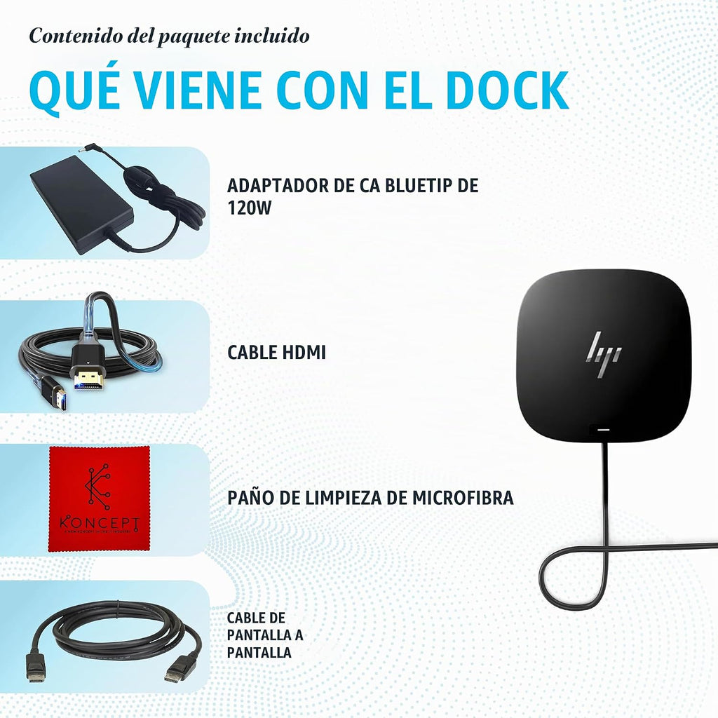 Estación de acoplamiento HP para portátil con monitor dual y carga - 5TW10AA / 5TW10UT / 5TW10AA#ABB USB-C G5 con 120W + cable HDMI + cable DisplayPort (Renovado)