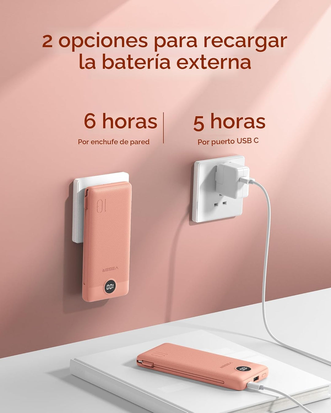 VEGER Cargador portátil para iPhone con cables incorporados y enchu...