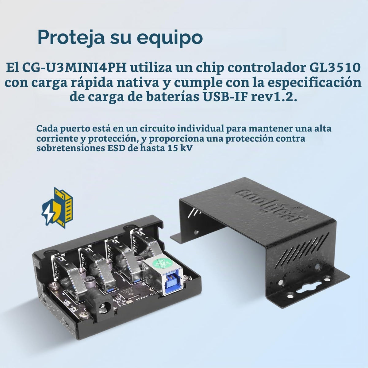 Coolgear, CG-U3MINI4PH, hub USB 3.2 de 4 puertos, alimentado, adaptador 5V/4A