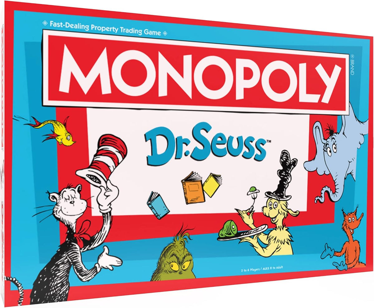Monopoly: Dr. Seuss | Compra y vende libros | Juego clásico coleccionable de monopolio con tablero de juego personalizado y obras de arte | Juego y mercancía con licencia oficial