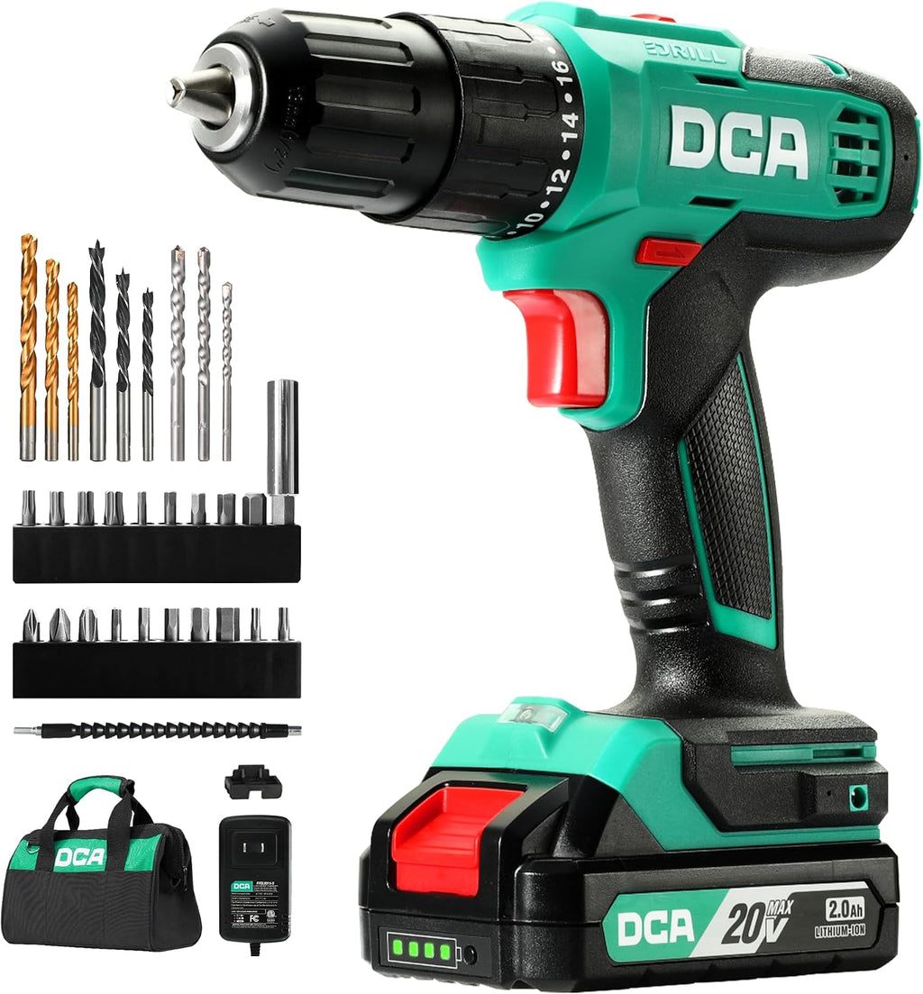 DCA Juego de martillo inalámbrico de 20 V, par de 354 in-libra, portabrocas sin llave de 1/2 pulgada, 22500 IPM, 2 velocidades variables, posición 18+1+1, taladro de impacto de potencia con 14 brocas