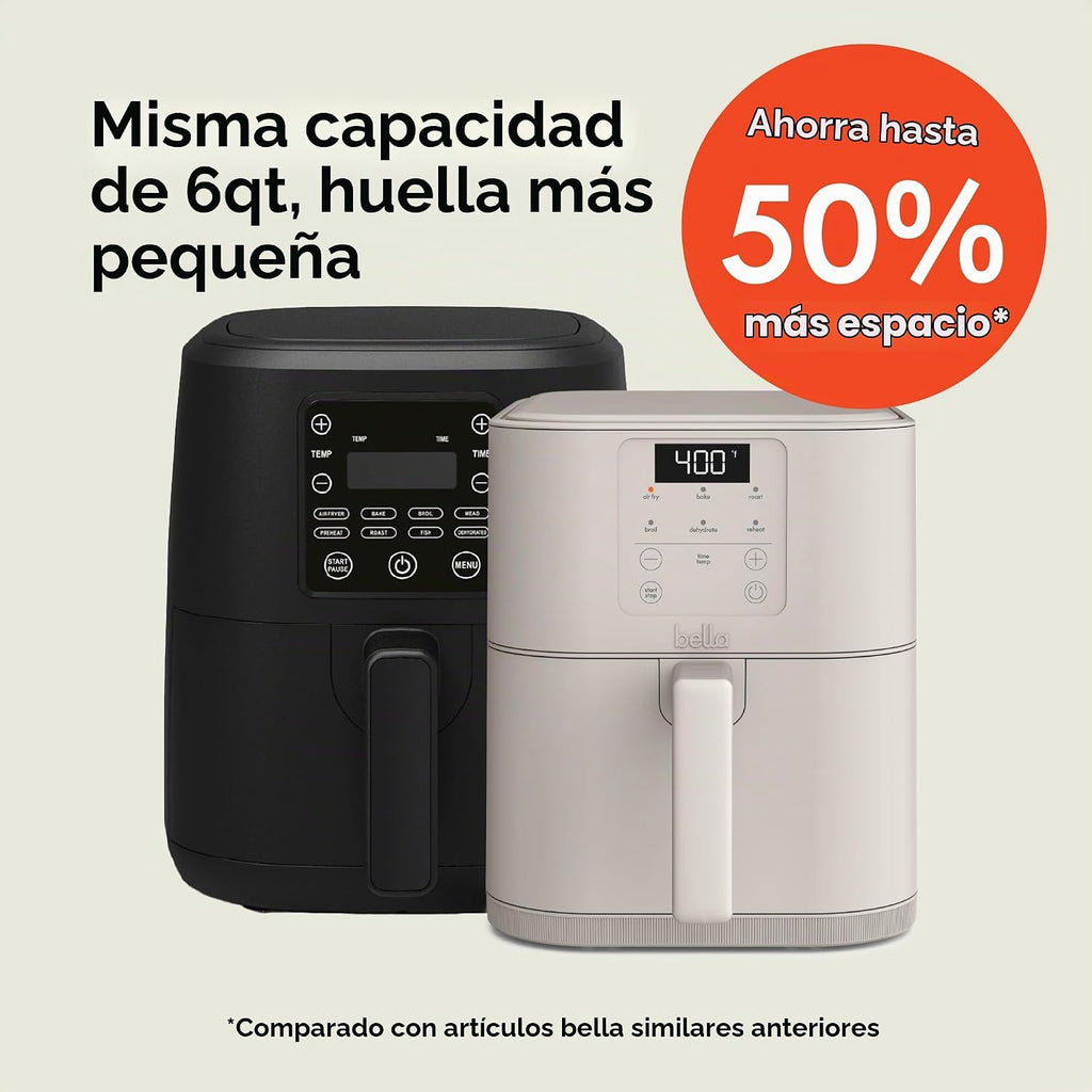 bella Freidora de Aire Delgada de 6 Qt, Utensilios de Cocina Fits-anywhere™, Revestimiento Antiadherente de Cerámica EverGood™, Temperatura Ajustable, 6 Opciones de Cocción Preestablecidas, Apagado