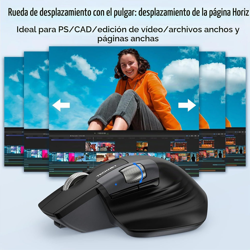 TECKNET Ratón inalámbrico ergonómico, mouse Bluetooth (BT 5.3/5.0 y 2.4G y cableado), mouse recargable con desplazamiento ultrarrápido, desplazamiento lateral, 6 niveles DPI, clics silenciosos, mouse