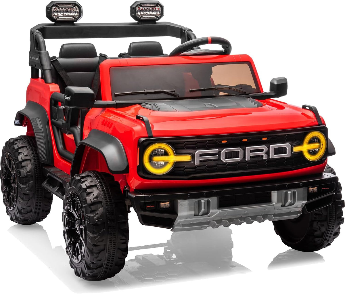 First Ride On Ford Bronco - Juguetes de paseo de 24 V para niños y niñas, automóvil eléctrico de 2 plazas con control remoto, camión con suspensión de ruedas traseras, luces LED, cinturón de seguridad (24 V, rojo)
