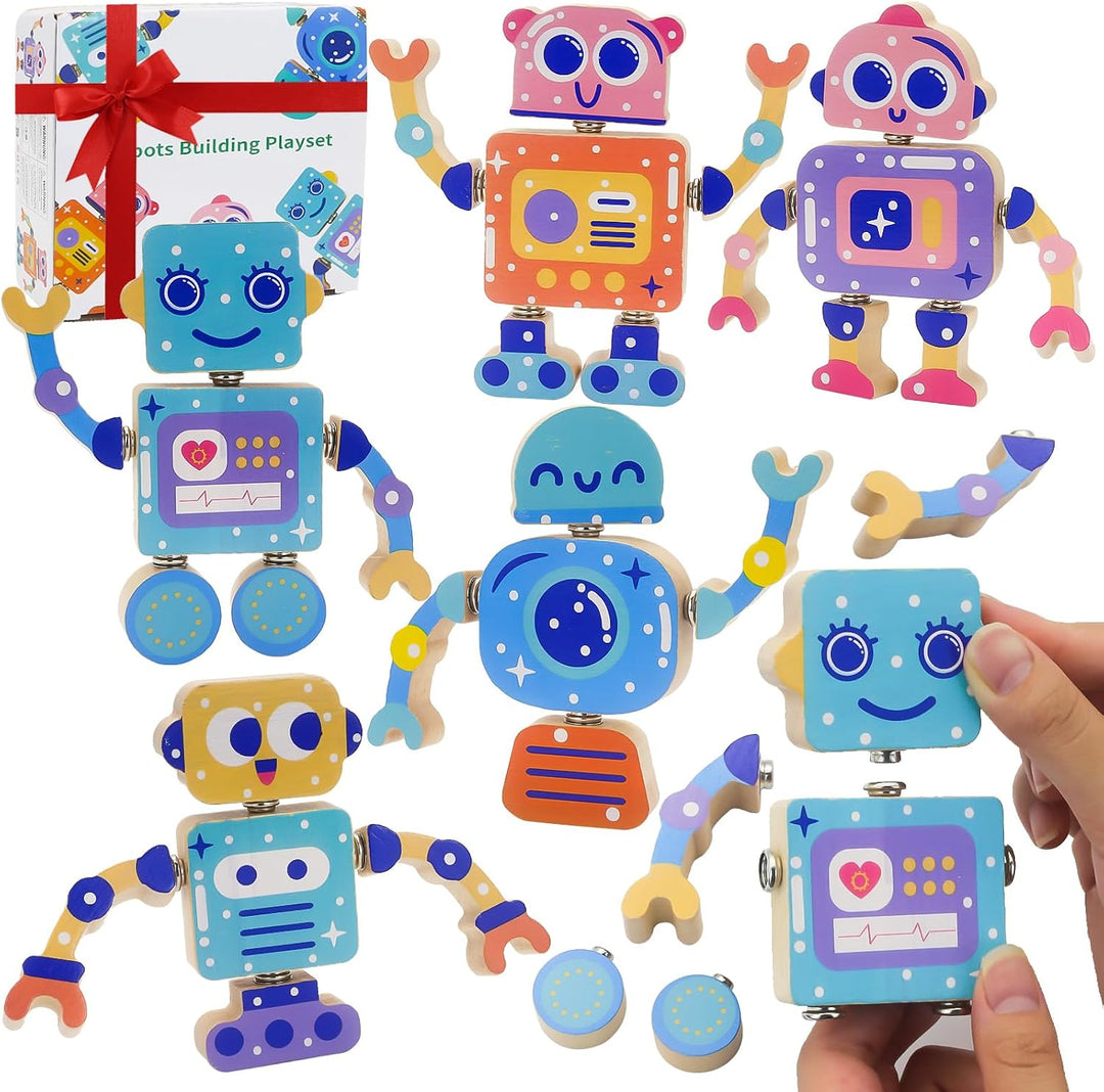 Juego de bloques de construcción de robot de madera a presión, jugu...