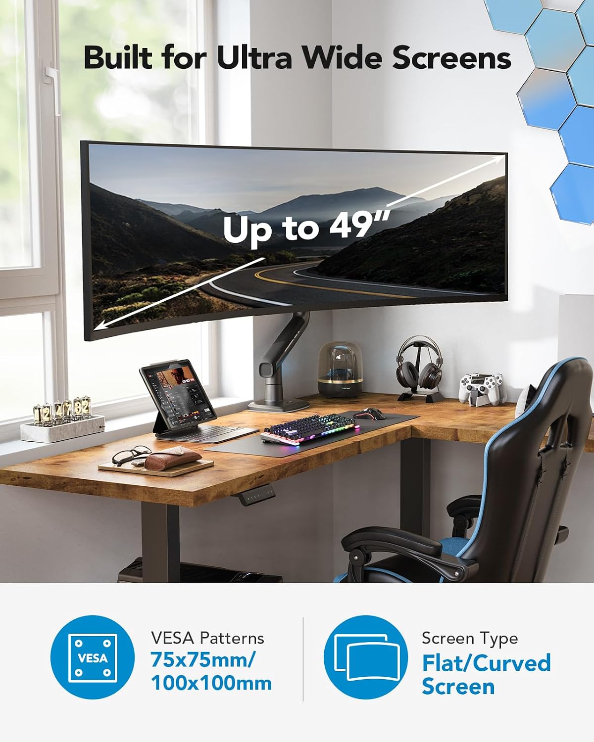 HUANUO Brazo de monitor resistente para pantallas ultraanchas de hasta 49 ", placa de refuerzo de montaje de monitor de acero