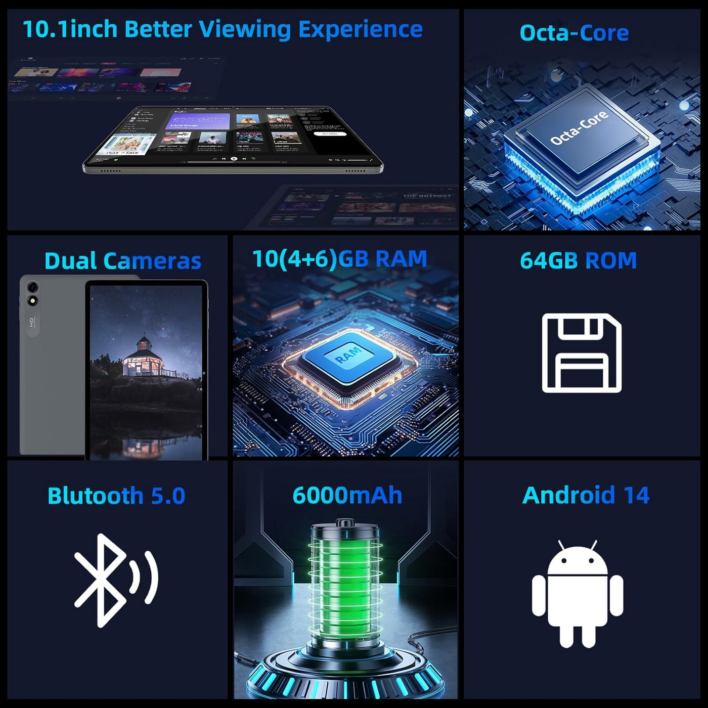 Tablet Android 14, tabletas de 10 pulgadas, CPU Octa Core, 10GB+64G...