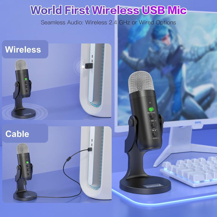 ZealSound Micrófono inalámbrico para PC, micrófono podcast con canc...