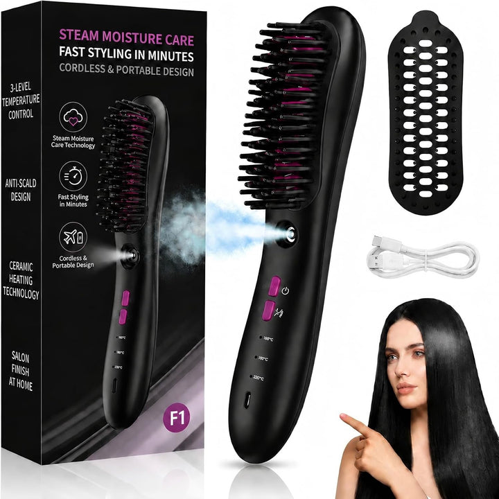 Peine alisador de vapor inalámbrico, cepillo alisador de pelo de va...