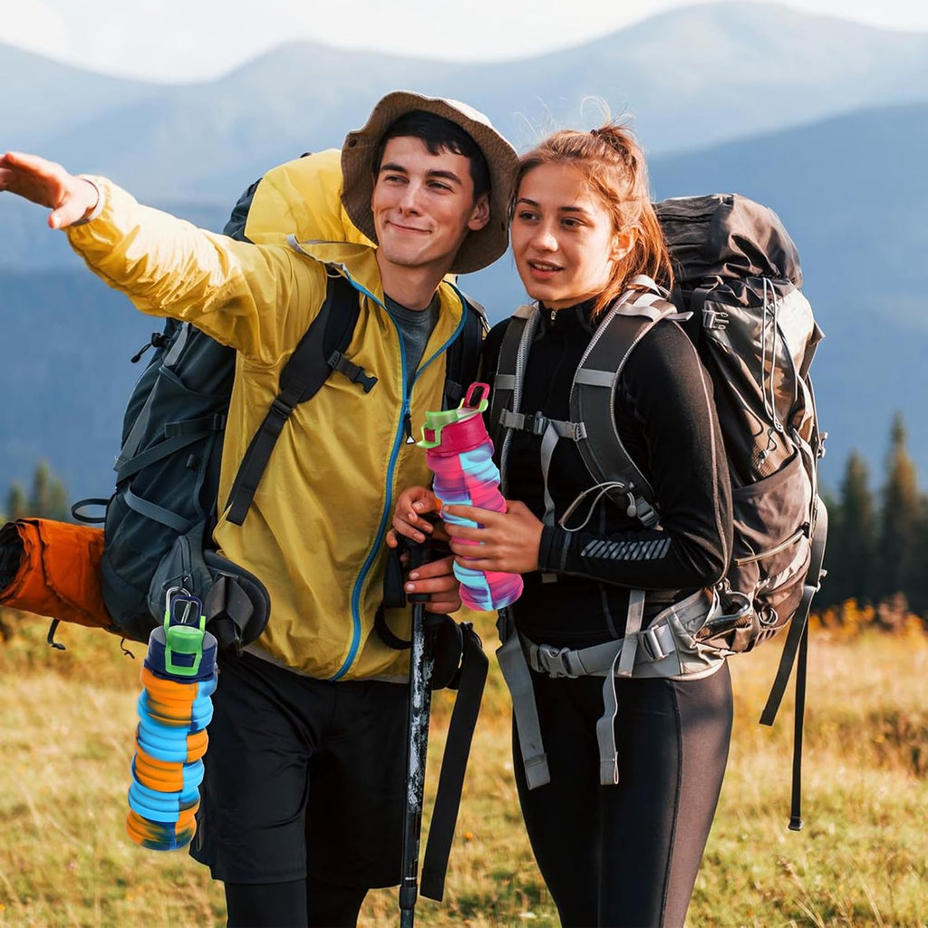 Paquete de 5 botellas de agua plegables de silicona de 17 onzas, portátiles, ligeras, plegables con mosquetón, a prueba de fugas, reutilizables, para viajes, camping, senderismo, ciclismo, deportes al aire libre (arcoíris)