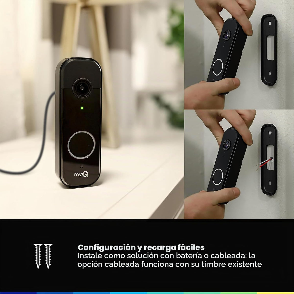 Chamberlain myQ Video Doorbell | Cámara 2K, batería/cableada, visión nocturna a color, vista en vivo con conversación bidireccional, detección de movimiento y alertas en tiempo real, vista amplia de