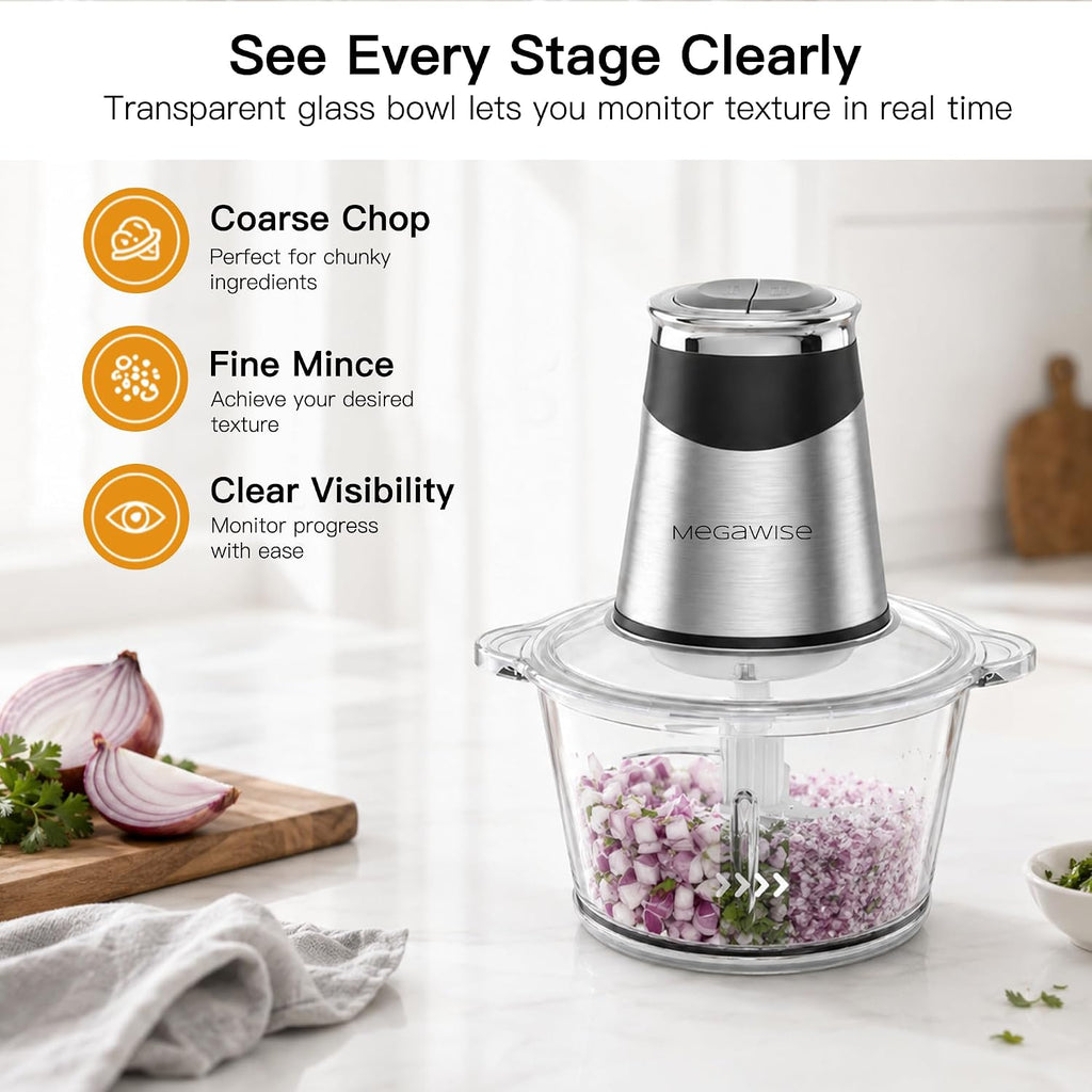 MEGAWISE Procesador de alimentos con potente motor de núcleo de cobre de 500 W, picadora eléctrica de alimentos con picadora de carne y picadora de verduras, 2 cuencos (cuencos de vidrio de 0.6 L y 3 L), cuchillas de doble capa para frutas/carne/nueces