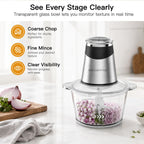 MEGAWISE Procesador de alimentos con potente motor de núcleo de cobre de 500 W, picadora eléctrica de alimentos con picadora de carne y picadora de verduras, 2 cuencos (cuencos de vidrio de 0.6 L y 3 L), cuchillas de doble capa para frutas/carne/nueces