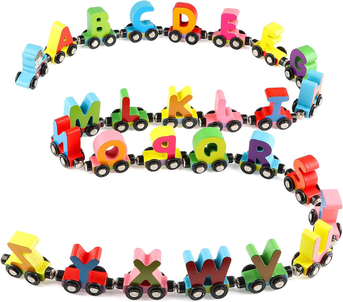 Wondertoys - Tren de juguete de madera del alfabeto con 27 piezas
