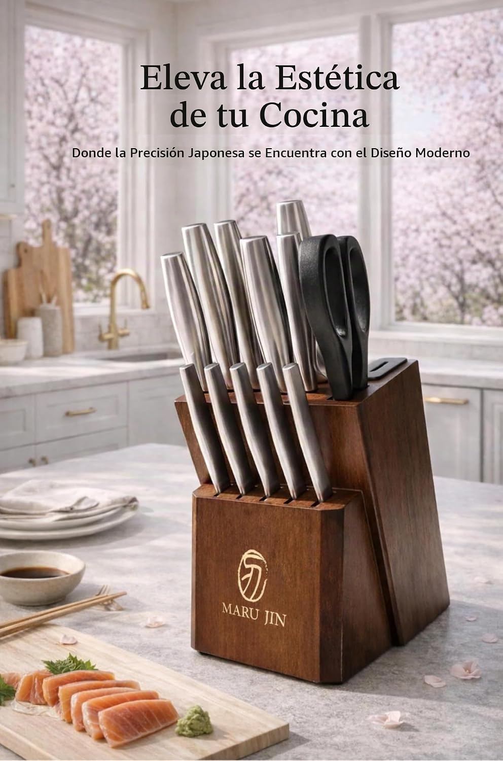 MARU JIN - Juego de cuchillos de cocina japoneses de 15 piezas con afilador integrado, juego de cuchillos de chef de acero inoxidable de alto carbono, apto para lavavajillas (madera)